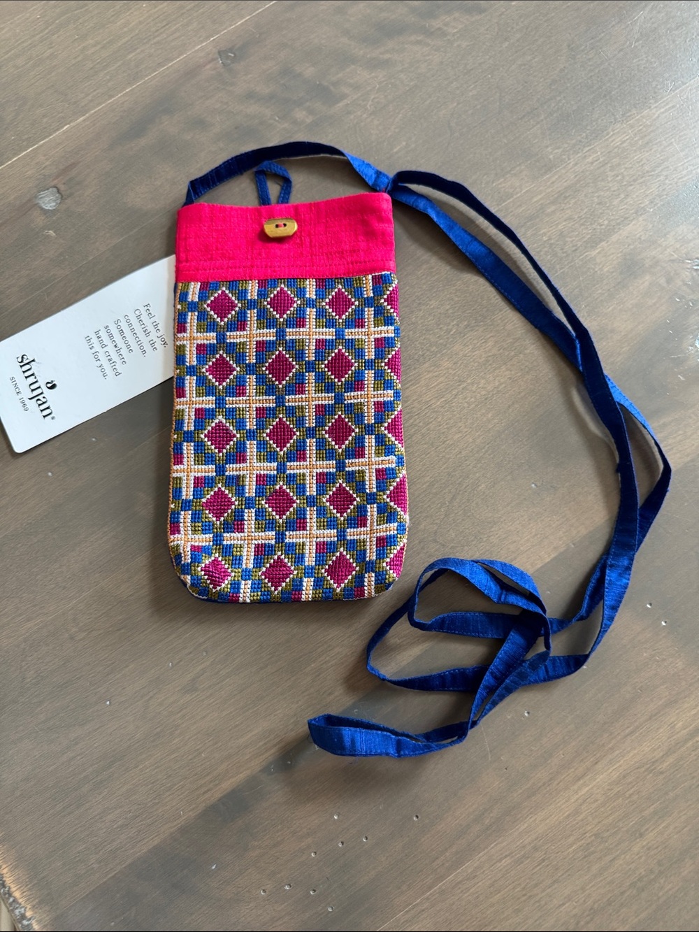 Handcrafted Pink & Blue Beaded Crossbody Pouch
